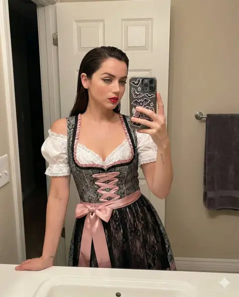 Gothic German girl taking selfie in front of bathroom mirror