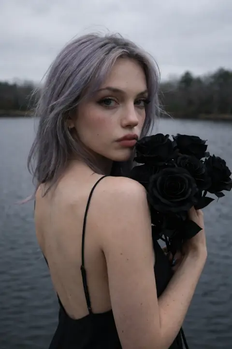 Gothic Lakeside Portrait with Black Roses
