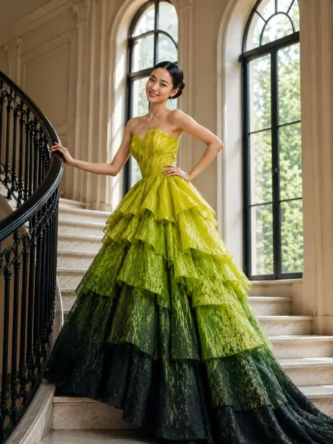 Gradient dress on the stairs fashion blockbuster