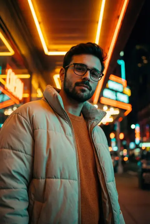 Green and orange fashion portrait in neon tunnel