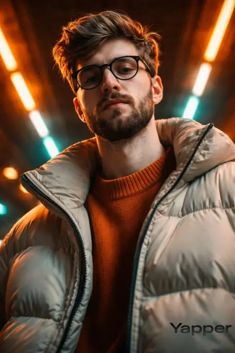 Green and orange trendy man in neon tunnel