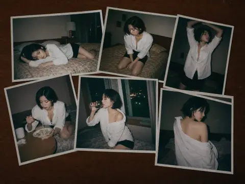 Group of snapshots of women in Japanese style hotel