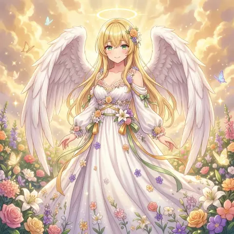 Guardian angel of flowers bathed in holy light, a tender moment that heals the soul