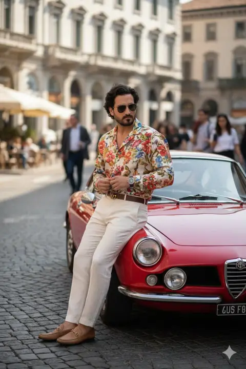 Gucci fashion male model photo shoot next to retro luxury car on the streets of Milan
