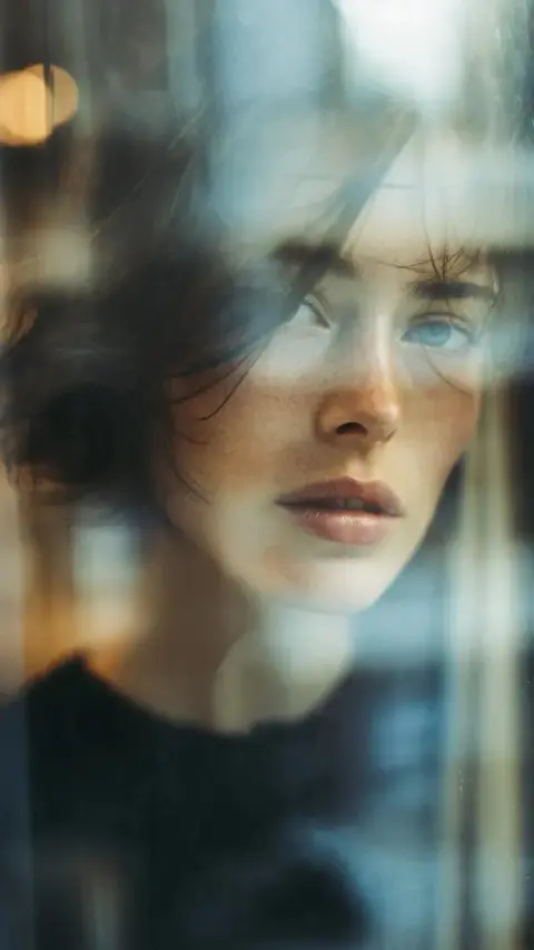 Half-covered beauty in the reflection of the window