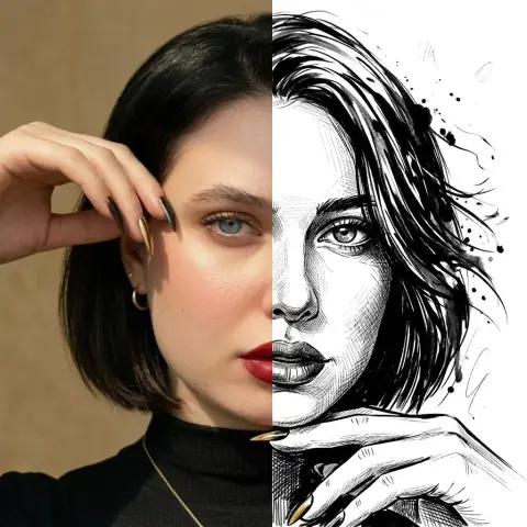 Half-face realistic and ink hand-painted dual style portrait