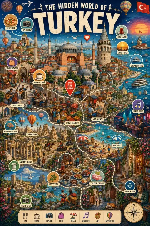 Hand drawn city miniature world exploration poster prompt word