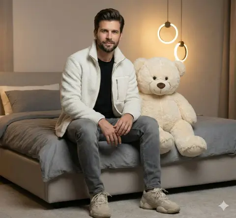 Handsome guy and giant teddy bear under warm light and shadow