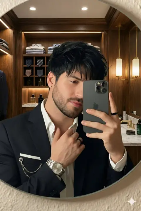 Handsome man taking selfie in mirror in luxury walk-in closet