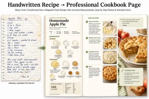Handwritten recipes transformed into magazine-quality spreads