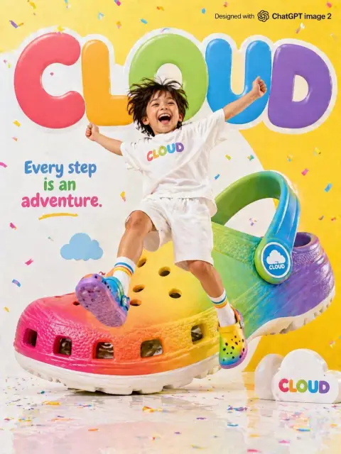 Happy jumping advertisement for children's shoes in the cloud