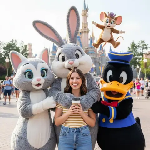 Happy photo of girl and dolls in front of fairy tale castle