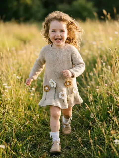 Happy toddler running in sunny meadow