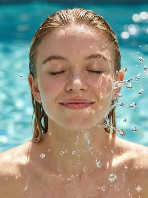 HD close-up of Sydney Sweeney's wet hair with water droplets in the summer sun