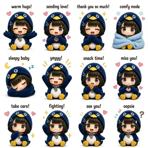 Healing blue penguin hood Q version girl sticker emoticon pack