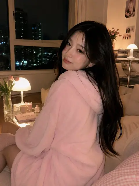 Healing Korean style living room pink sweatshirt girl