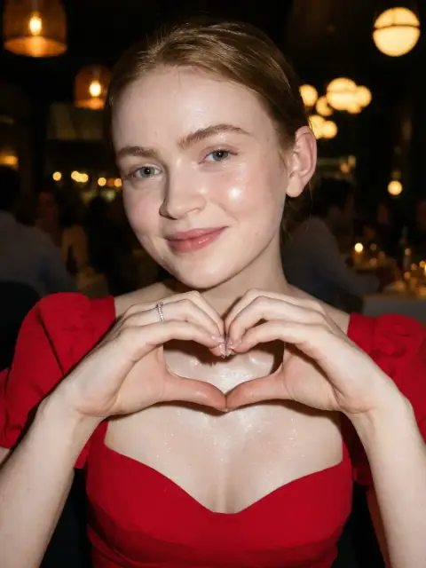 Heart-to-heart portrait of Sadie Sink in red at dark night restaurant