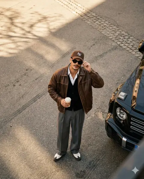 High-angle street shot of retro and trendy men under the warm afternoon sun