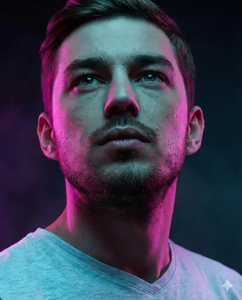 High-contrast dramatic portraits under fiery orange-red light and shadow