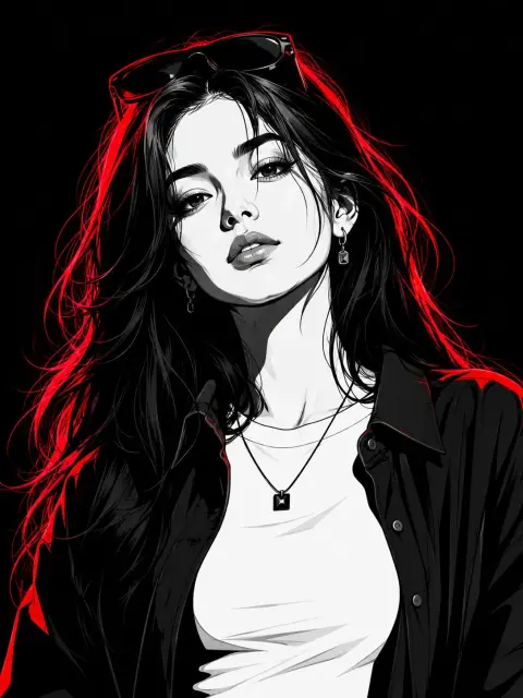 High contrast red neon edge light black and white vector portrait