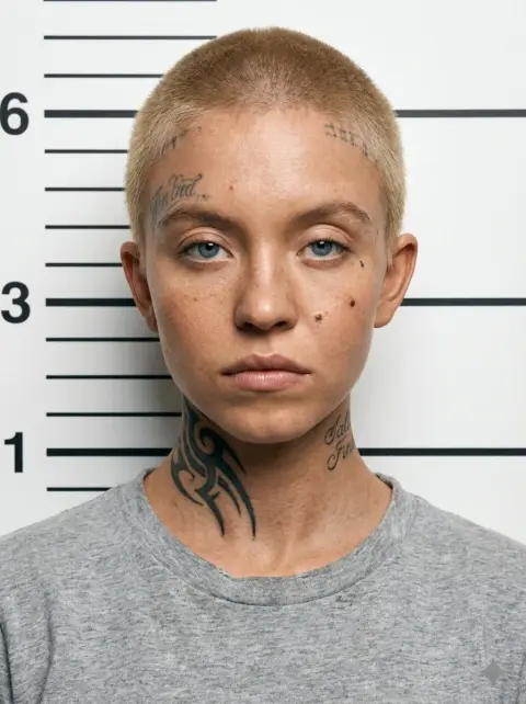 High-definition realistic file photo of a short-haired man with tattoos on his face in prison