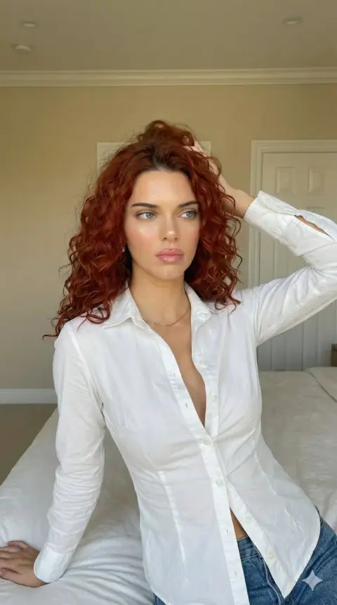 High-definition selfie of a girl with curly auburn hair who is a social media internet celebrity