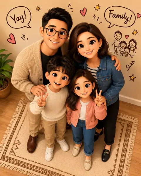 High-end 3D animation style warm family full-body portrait