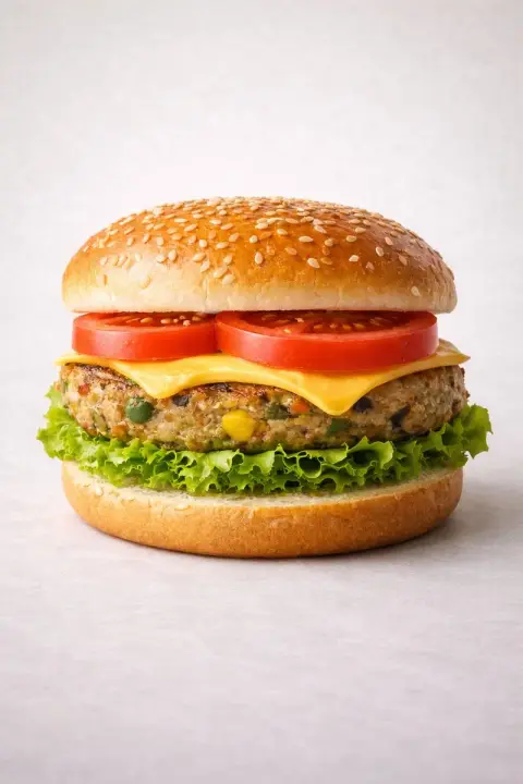 High-end commercial style vegetarian burger hyper-realistic photography