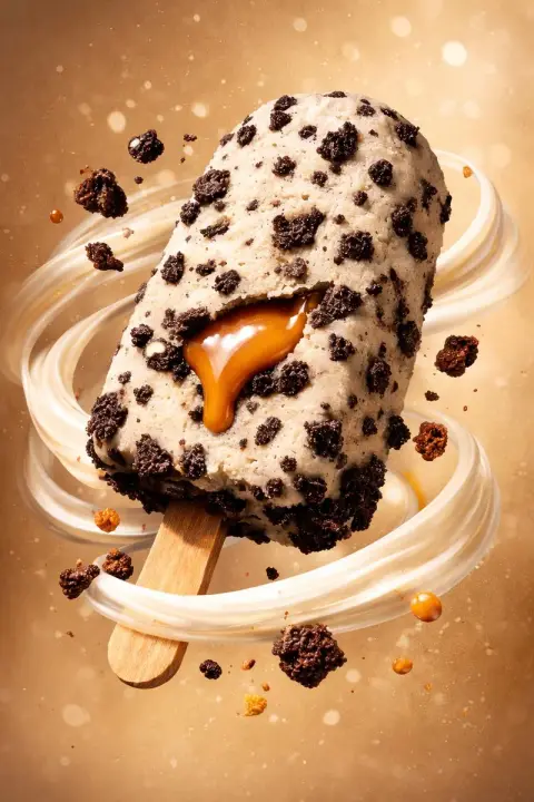 High-end dessert photography: caramel ice cream splash freeze-frame