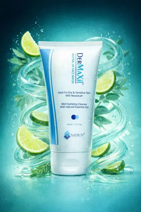 High-end facial cleanser packaging suspended ingredients commercial product photography