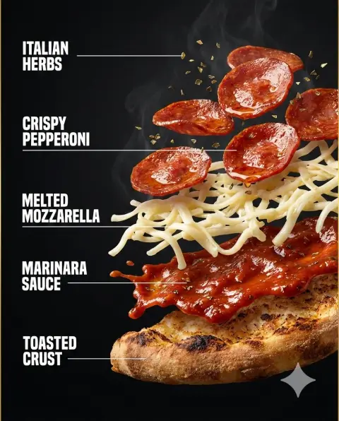 High-end fast food advertising blockbuster with suspended ingredients