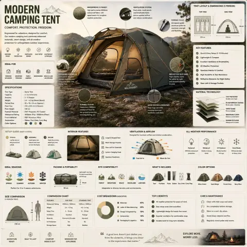 High-end modern camping tent encyclopedia reference infographic