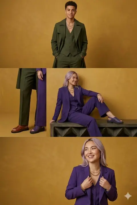 High-end monochrome three-piece fashion pictorial on mustard yellow background