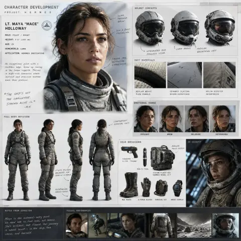 High-end realistic science fiction movie character development setting board