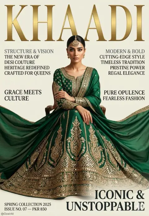 High-end South Asian fashion magazine cover emerald green embroidered dress