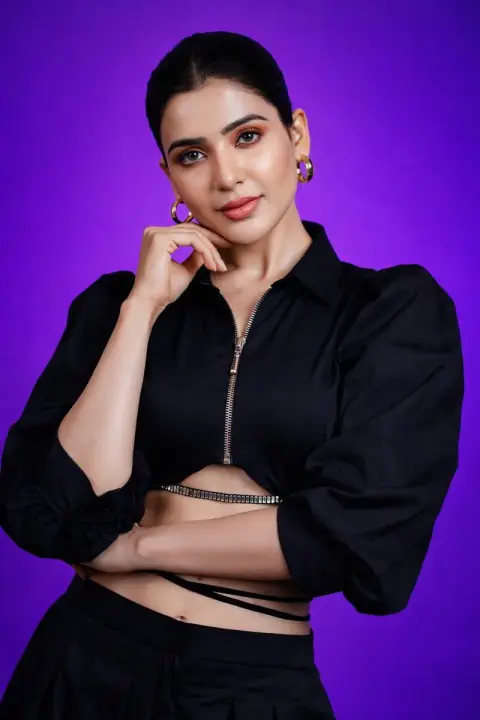 High fashion portrait under purple studio