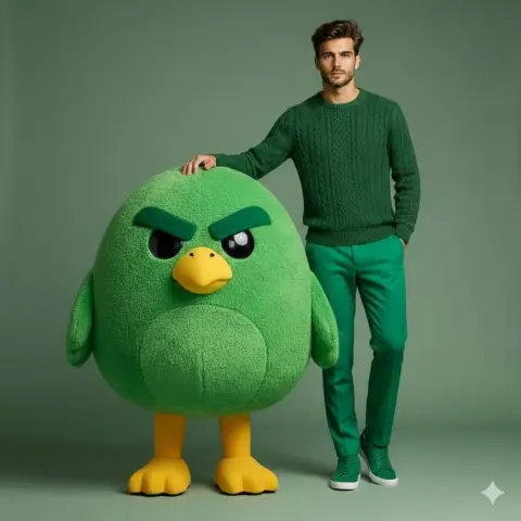 High fashion shoot of male model with green bird mascot