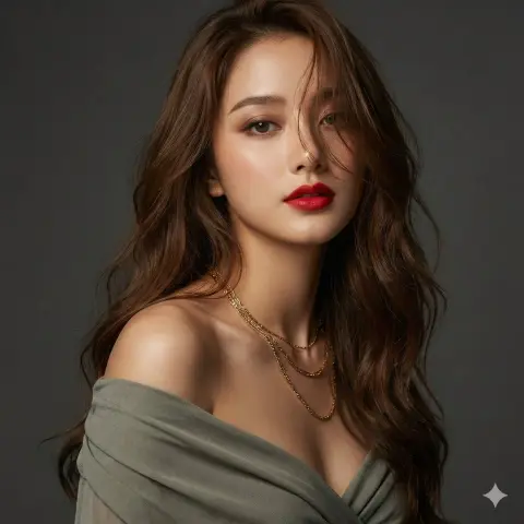 High fashion shoot of luxurious red lipped gray and green dress