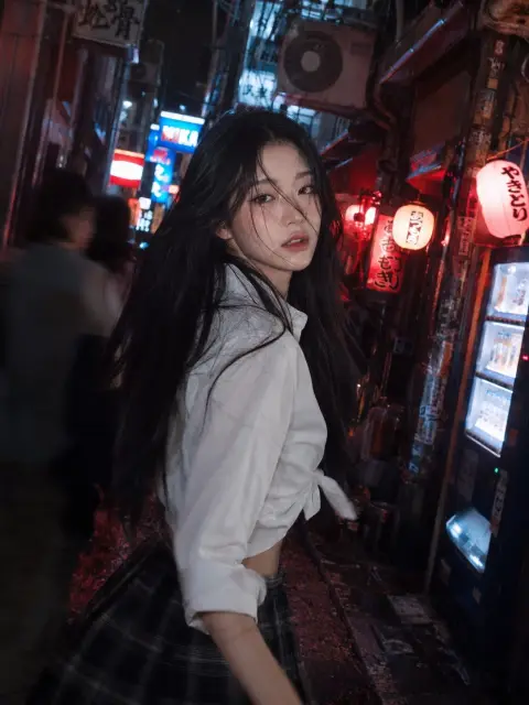 High grainy Tokyo narrow alley neon girl photography