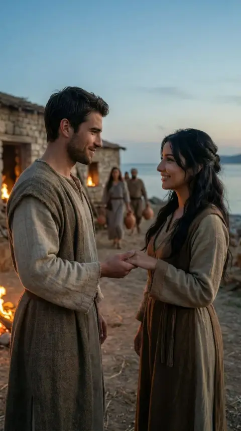 Holding hands for the first time under the firelight at dusk