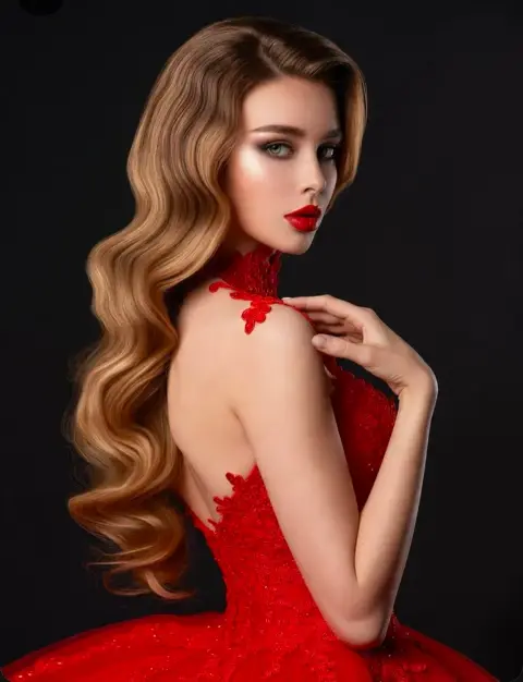 Hollywood retro wavy curly hair woman portrait in red dress
