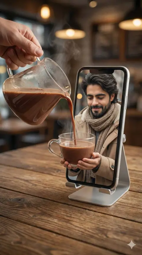 Hot chocolate across dimensions: a heart-warming moment where reality and reality blend