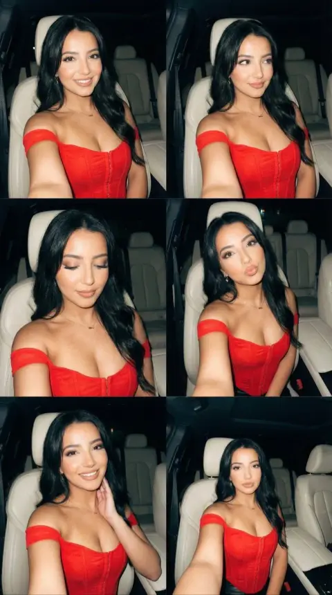Hot girl in red clothes takes selfie in six-square grid with flash in the car at night