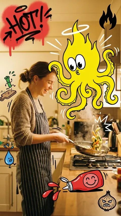 Hot graffiti flaming octopus in the kitchen