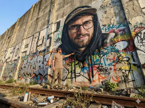 Huge street graffiti bursts out of the wall, the intertwining of reality and reality shocks the horizon