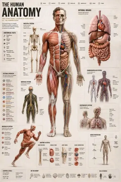 Human anatomy detailed educational infographic