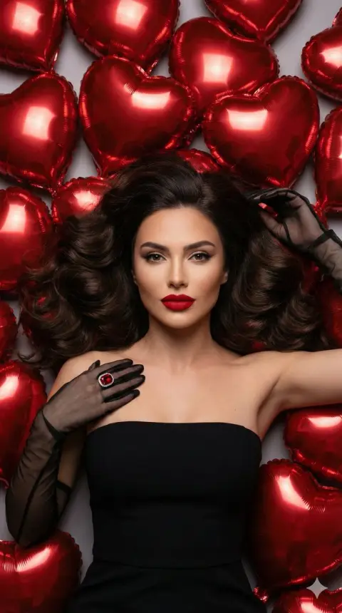 Hyper-realistic charming girl surrounded by red heart balloons