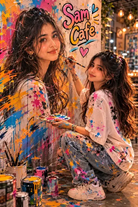 Hyper-realistic cinematic portrait of girl with hand-painted mural in cafe