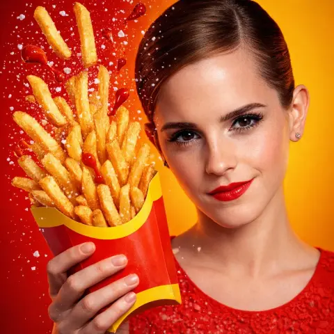 Hyper-realistic commercial level beautiful girl with golden fries splashing