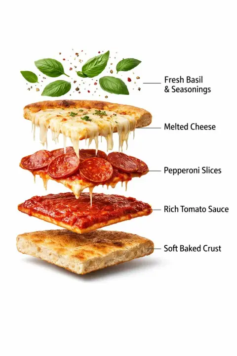 Hyper-realistic commercial grade rotating pizza layered deconstruction